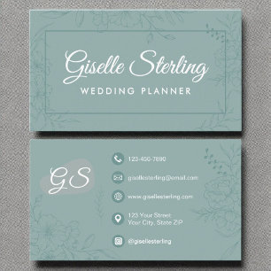 Carte De Visite Wedding planner Turquoise Floral Line Art Script
