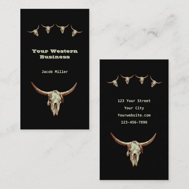 Carte De Visite Western Rustic Black Country Cowboy Bull Skull (Devant / Derrière)