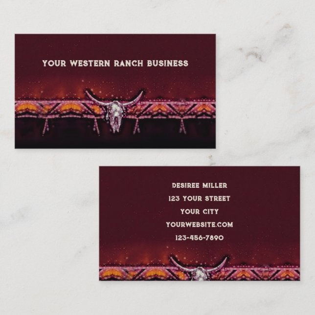 Carte De Visite Western Rustic Bull Cow Skull Pink Tribal Country (Devant / Derrière)