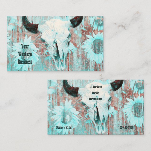 Carte De Visite Western Rustic Turquoise Pays Taureau Taureau Taur (Devant / Derrière)