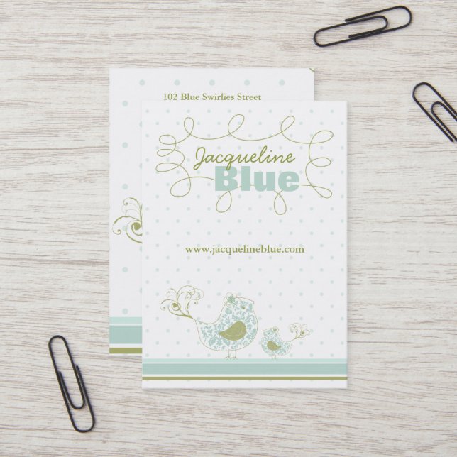 Carte De Visite Whimsical Blue Maman Et Bébé Oiseau Damask Fils (Devant/Arrière en situation)