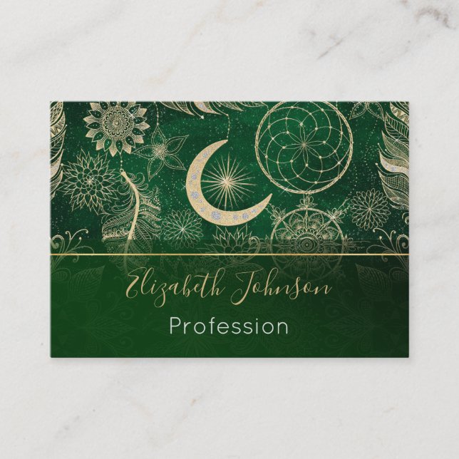 Carte De Visite Whimsy Gold & Green Dreamcatcher Feathers Mandala (Devant)