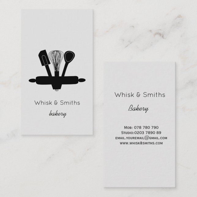 Carte De Visite Whisk Gris Simple Boulangerie Chef Traiteur Person (Devant / Derrière)