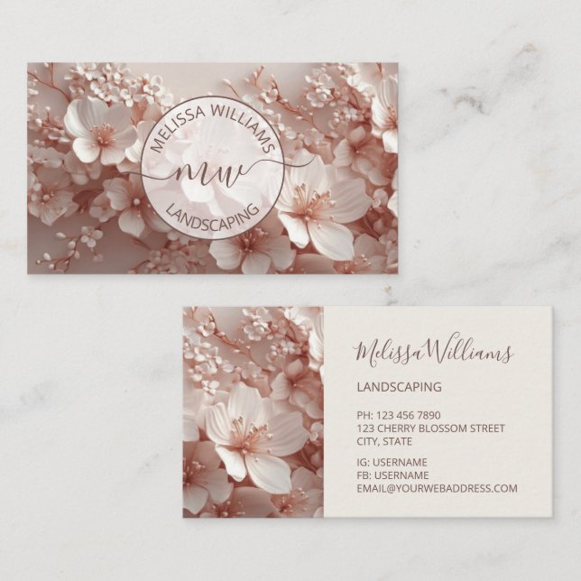 Carte De Visite White Blush 3D Flowers Logo Initials (Devant / Derrière)