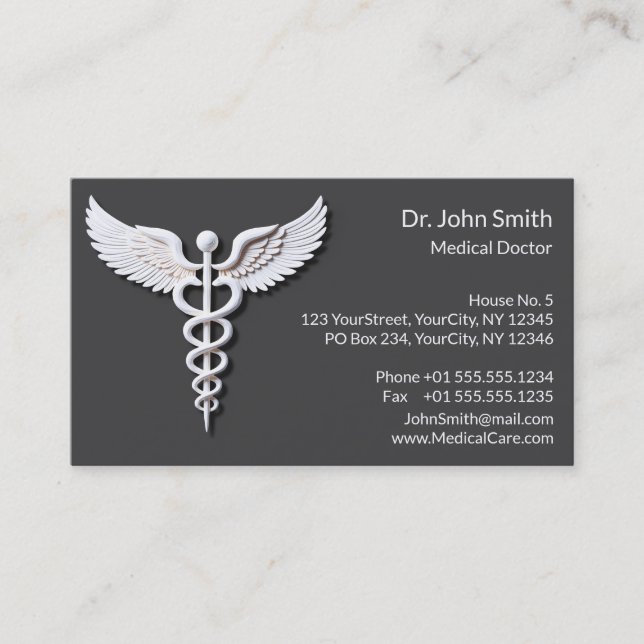 Carte De Visite White Clean Détails Caduceus Anthracite Médicale (Devant)