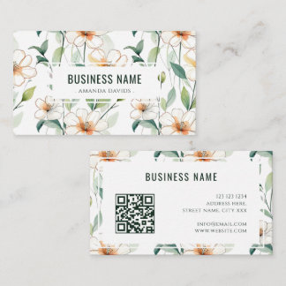 Carte De Visite White Floral Pattern Green Greenery QR Code
