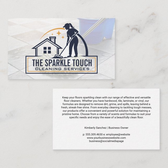 Carte De Visite Woman Mopping House Floor | Janitorial Services (Devant / Derrière)