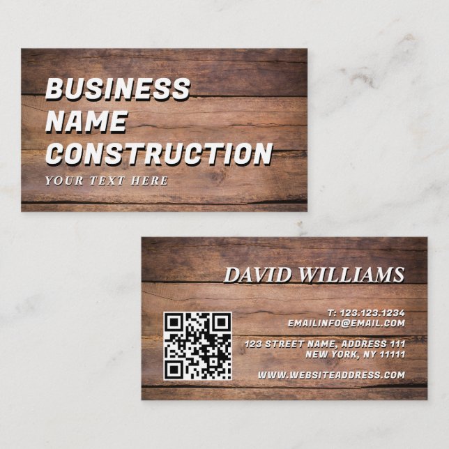 Carte De Visite Wood Construction QR Code Bold Rustic (Devant / Derrière)