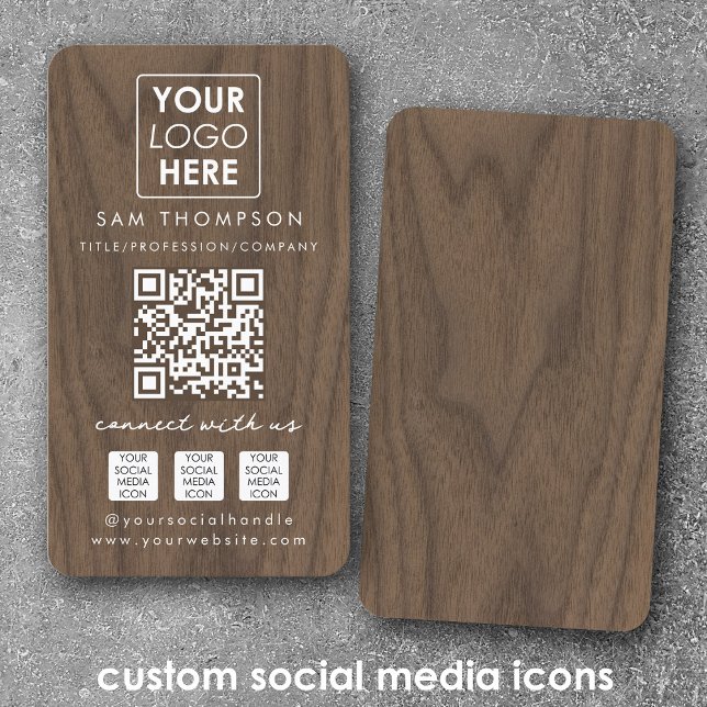 Carte De Visite Wooden Connect with Us Social Media QR Code Logo (Wooden Connect with Us Social Media QR Code Logo Business Card)