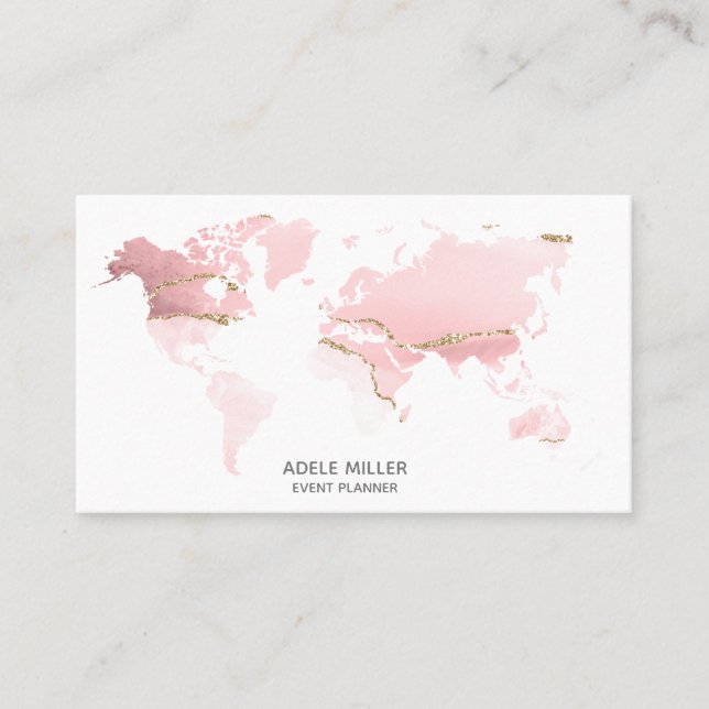 Carte De Visite World Map Agate Pink event Planner Travel Blogger (Devant)