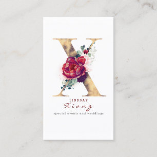 Carte De Visite X Monogramme Bourgogne Fleurs rouges et Parties sc