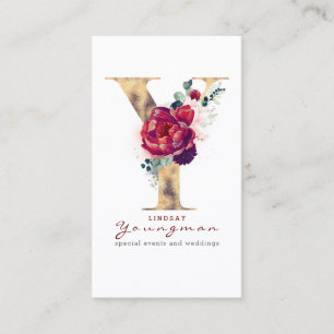 Carte De Visite Y Monogramme Gold Foil et Bourgogne Red Floral