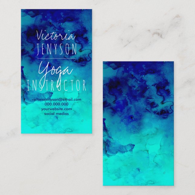 Carte De Visite Yoga bleu lumineux moderne d'aquarelle de (Devant / Derrière)