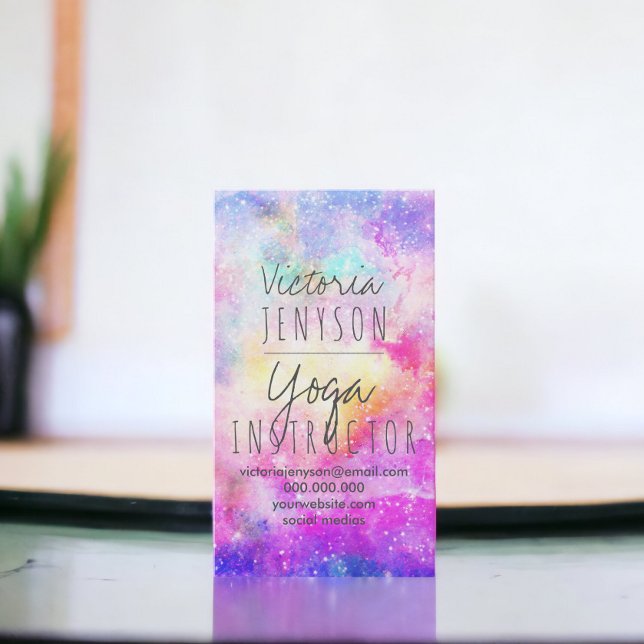 Carte De Visite Yoga d'aquarelle de nébula pastel moderne (Modern bright pastel nebula watercolor yoga business card)