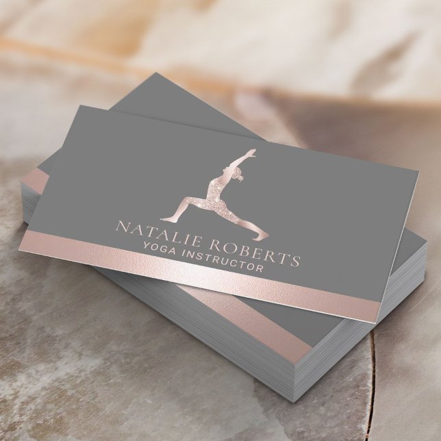 Carte De Visite Yoga Instructeur Rose Gold Warrior Pose Logo (Créateur téléchargé)