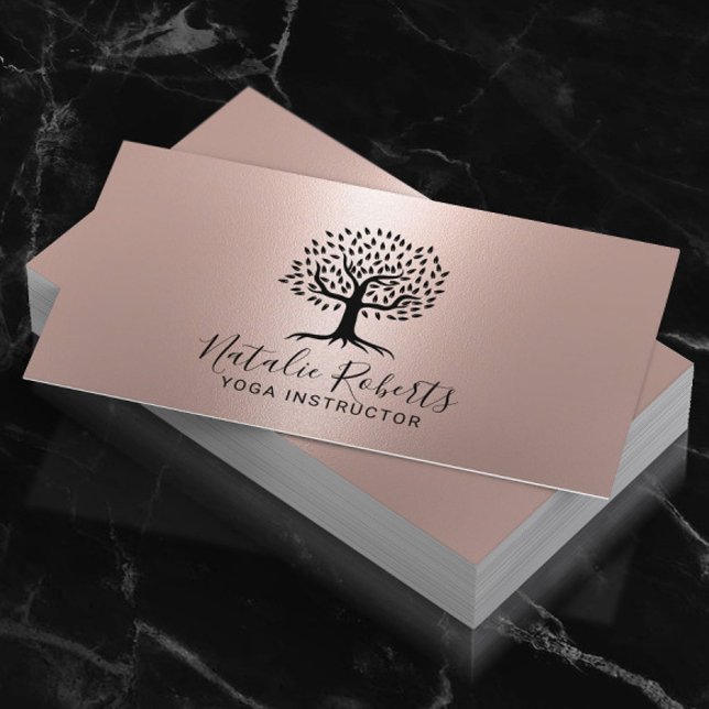 Carte De Visite Yoga Instructeur Vie Entraîneur Arbre Logo Rose Or (Créateur téléchargé)