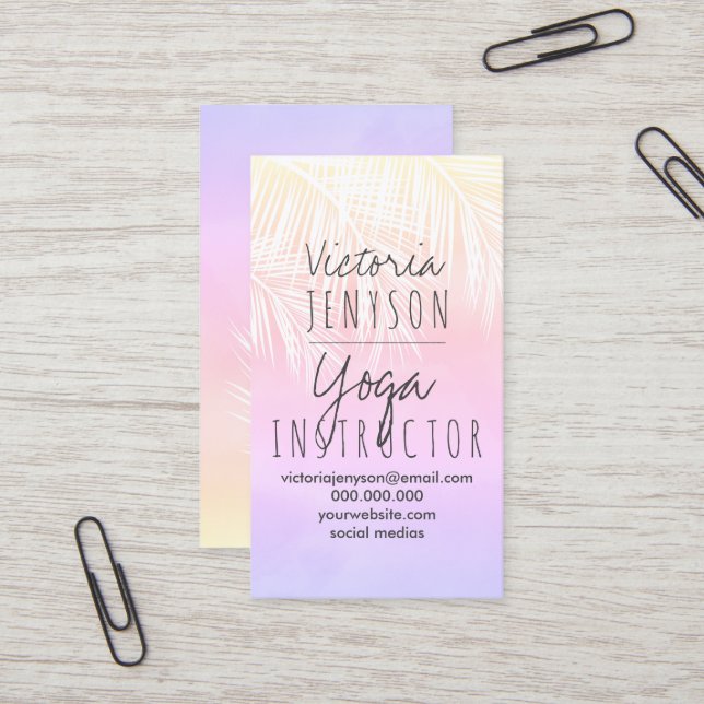 Carte De Visite Yoga jaune rose de coucher du soleil d'aquarelle (Devant/Arrière en situation)