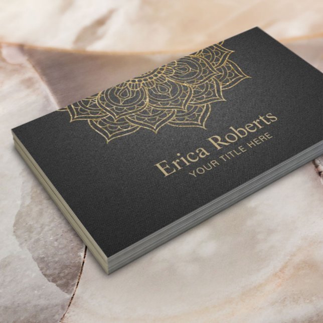 Carte De Visite Yoga Life Coach Gold Lotus Mandala Modern Black (Créateur téléchargé)