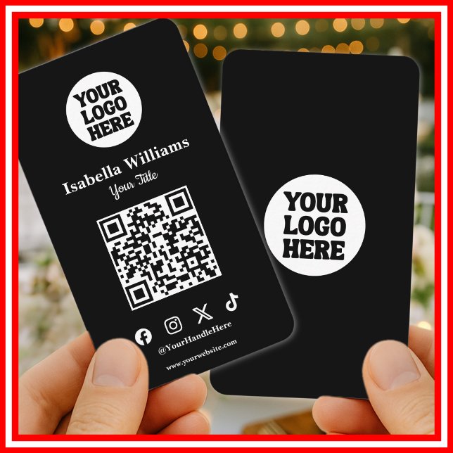 Carte De Visite Your Logo Here Black Modern | Simple QR Code (Créateur téléchargé)