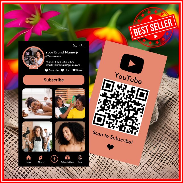 Carte De Visite YouTube Peach Vlogger Creator QR Code (Créateur téléchargé)