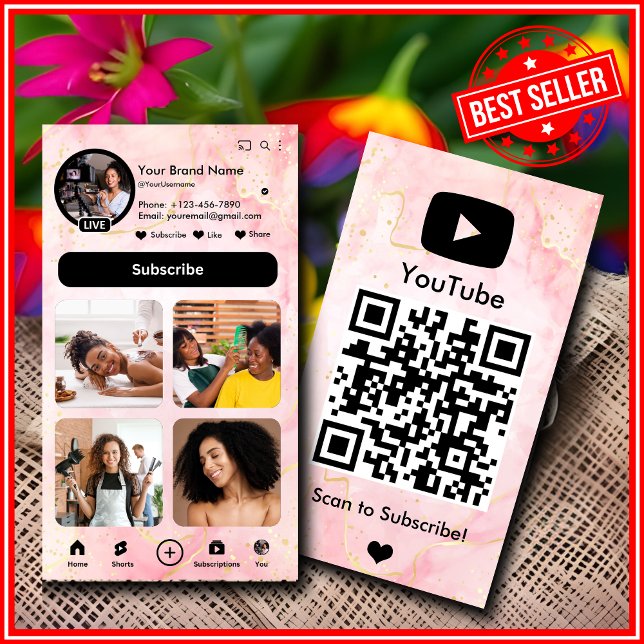 Carte De Visite YouTube Pink Marble Influencer Vlogger Creator QR (Créateur téléchargé)