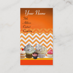 CARTE DE VISITE YUMMY CUPCAKES DESERT SHOP ORANGE WHITE CHEVRON
