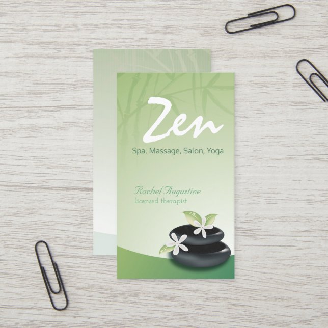 Carte De Visite ZEN Stone Bambou YOGA SPA Massage Salon de beauté (Devant/Arrière en situation)