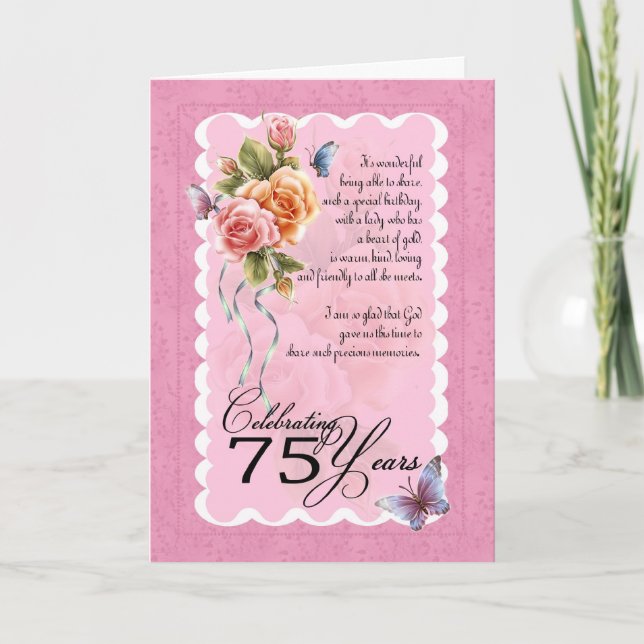 Carte de voeux 75e anniversaire - roses et papillo (Devant)