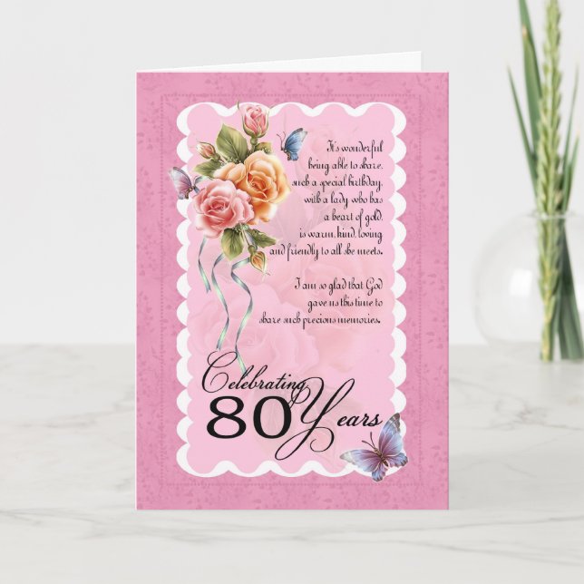 Carte de voeux 80e anniversaire - roses et papillo (Devant)