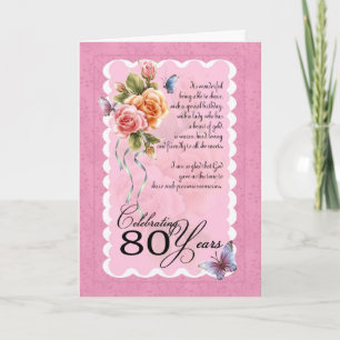 Carte de voeux 80e anniversaire - roses et papillo