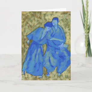Carte de voeux Aikido pratique bleue et verte