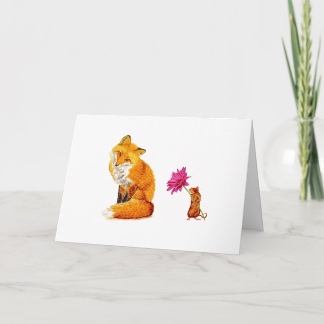 Carte de vœux Amitié Renard roux et Souris (Devant)