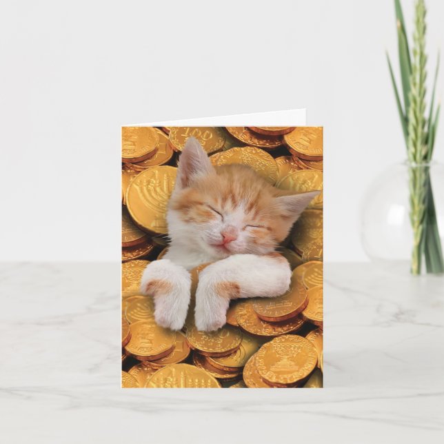 Carte de voeux amusante Hanoukka - Chat en Gelt (Devant)
