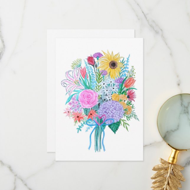 Carte de voeux, aquarelle florale, vierge à l'inté (Devant/Arrière en situation)