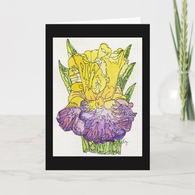 Carte de voeux - Aquarelle violette et jaune Iris (Devant)