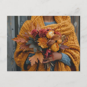 carte de voeux automne femme tenant des fleurs aut