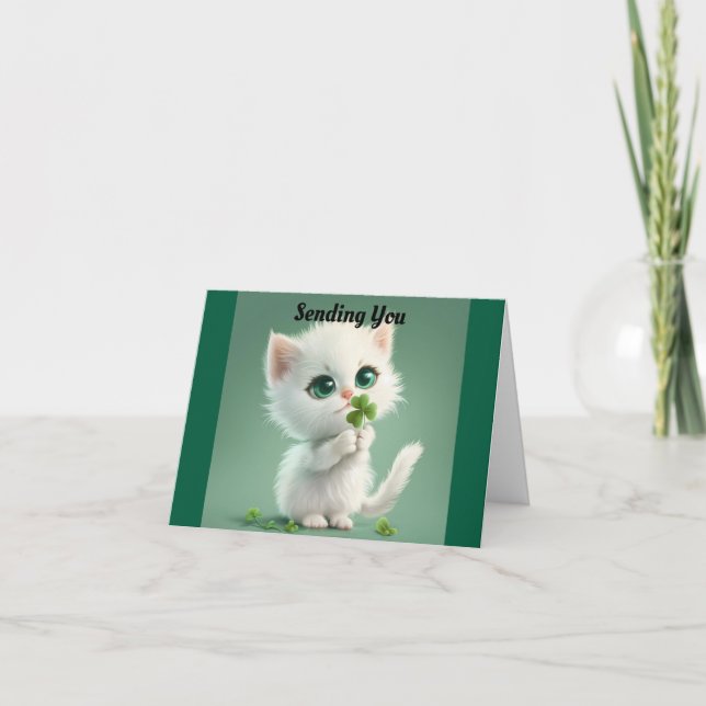 Carte de vœux avec un chaton et un trèfle (Devant)