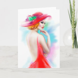 Carte de voeux belle femme en casquette rouge