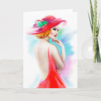 Carte de voeux belle femme en casquette rouge