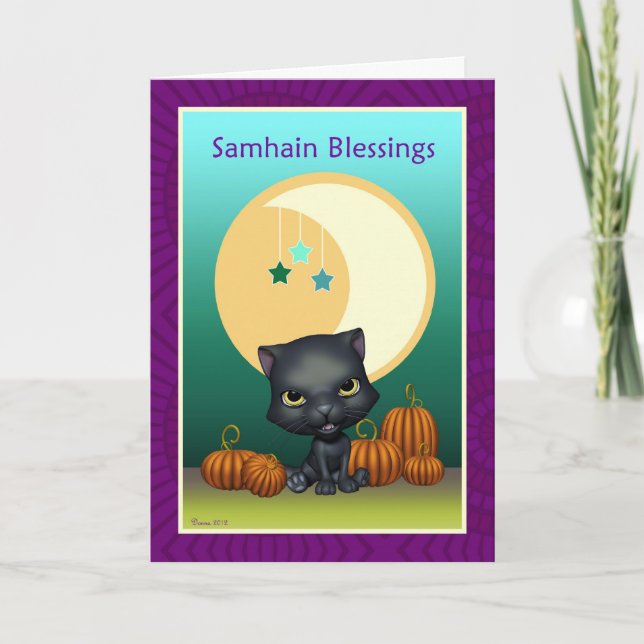 Carte de voeux Black Cat Moon Samhain Blessings (Devant)