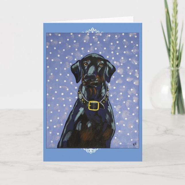 Carte de voeux Black Doberman Snow Natural Ears (Devant)