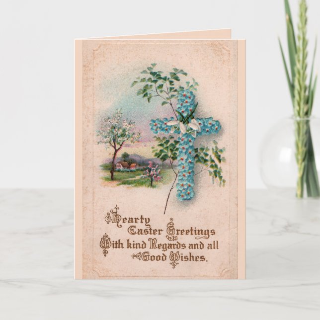 Carte de voeux bleue de Pâques de croix de fleur (Devant)