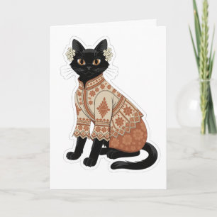 Carte de vœux chat noir floral terracotta