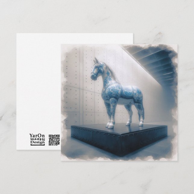 Carte de voeux Cheval en Porcelaine Bleue (Devant / Derrière)
