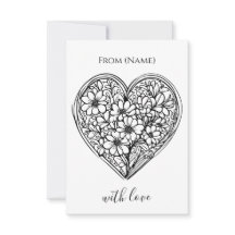 carte de vœux cœur de fleurs noir et blanc 