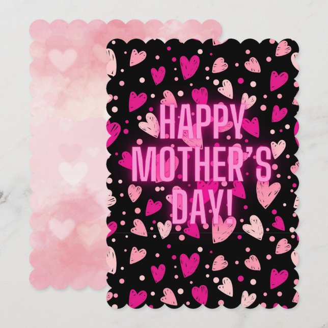 Carte de vœux coeurs néon rose pour la fête des mè (Devant / Derrière)
