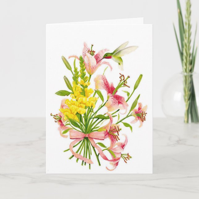 Carte de voeux Colibri de fleurs roses (Devant)