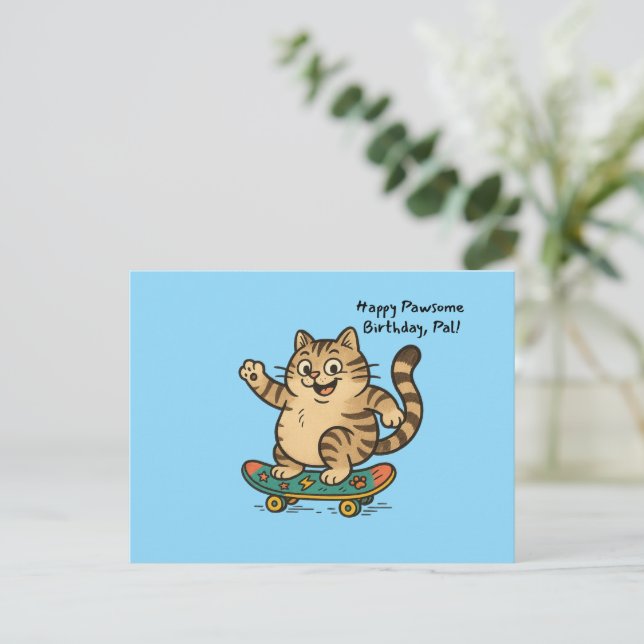 Carte de voeux d'anniversaire Chat roux planche à  (Debout devant)