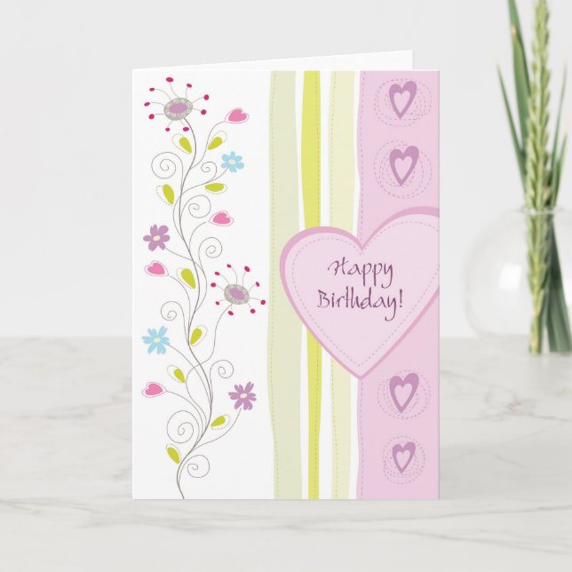 Carte de voeux d'anniversaire fleurie rose féminin (Devant)