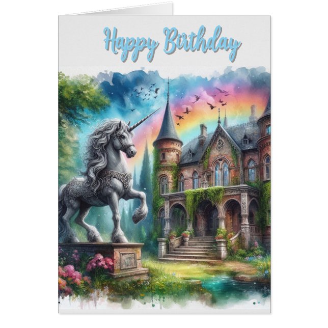 Carte de voeux d'anniversaire joyeuse à Unicorn (Devant)